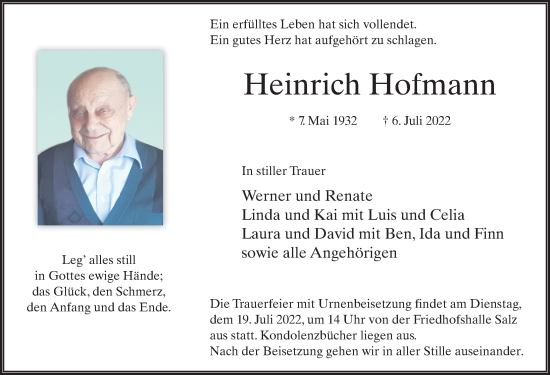 Traueranzeige von Heinrich Hofmann von FZ