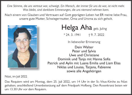 Traueranzeige von Helga Aha von FZ