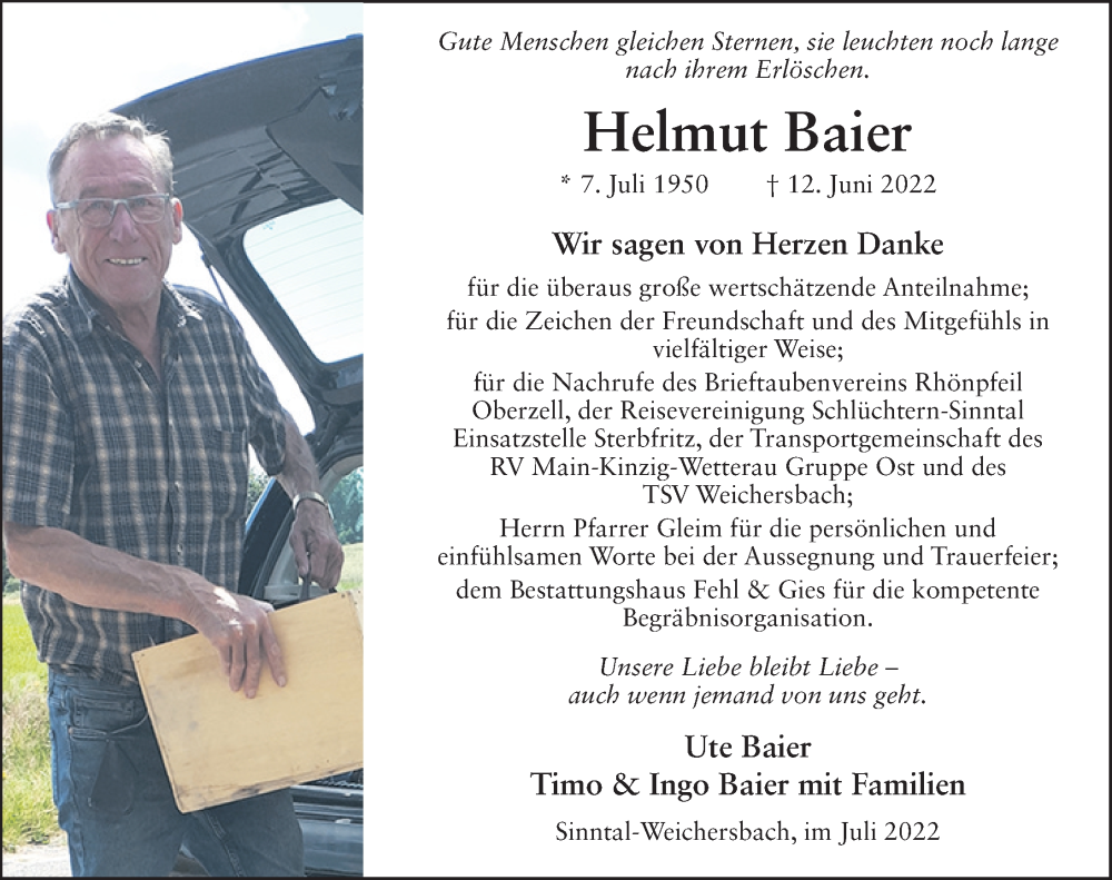  Traueranzeige für Helmut Baier vom 21.07.2022 aus FZ