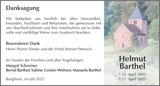 Traueranzeige von Helmut Barthel von FZ