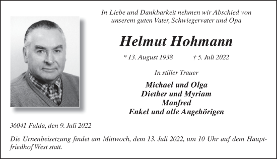 Traueranzeige von Helmut Hohmann von FZ