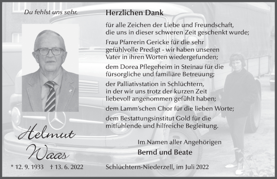 Traueranzeige von Helmut Waas von FZ