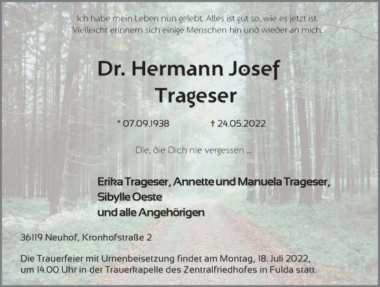 Traueranzeige von Hermann Josef Trageser von FZ