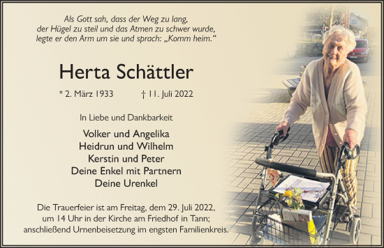 Traueranzeige von Herta Schättler von FZ