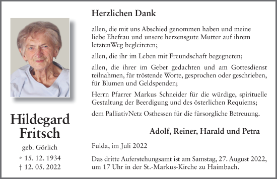 Traueranzeige von Hildegard Fritsch von FZ
