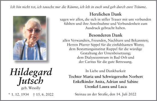 Traueranzeige von Hildegard Jutsch von FZ