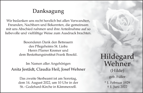 Traueranzeige von Hildegard Wehner von FZ