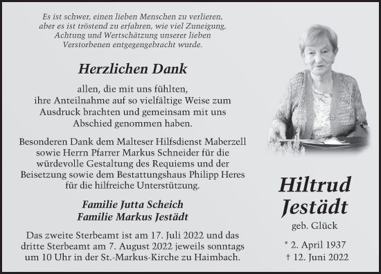 Traueranzeige von Hiltrud Jestädt von FZ