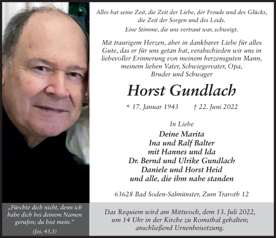 Traueranzeige von Horst Gundlach von FZ
