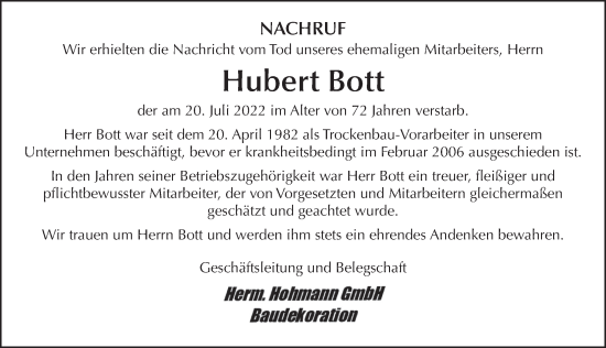 Traueranzeige von Hubert Bott von FZ
