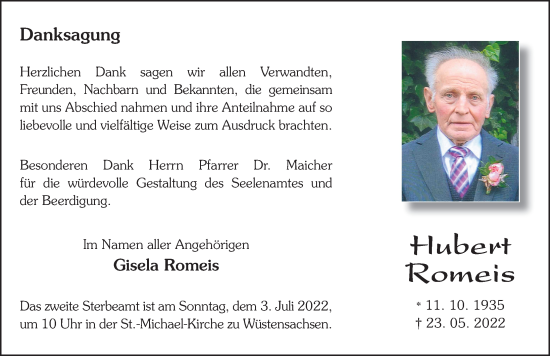 Traueranzeige von Hubert Romeis von FZ