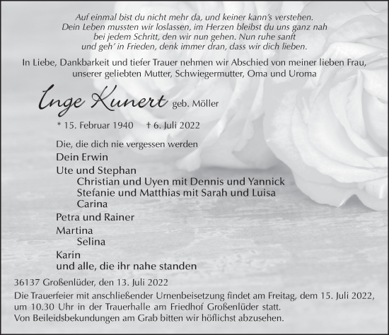 Traueranzeige von Inge Kunert von FZ