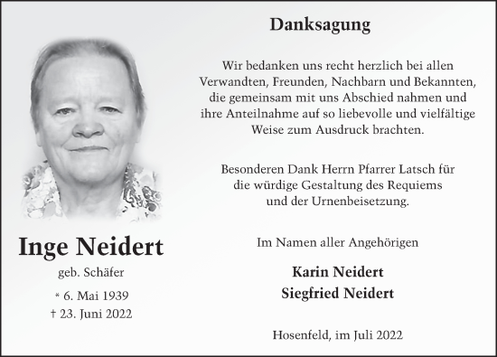 Traueranzeige von Inge Neidert von FZ