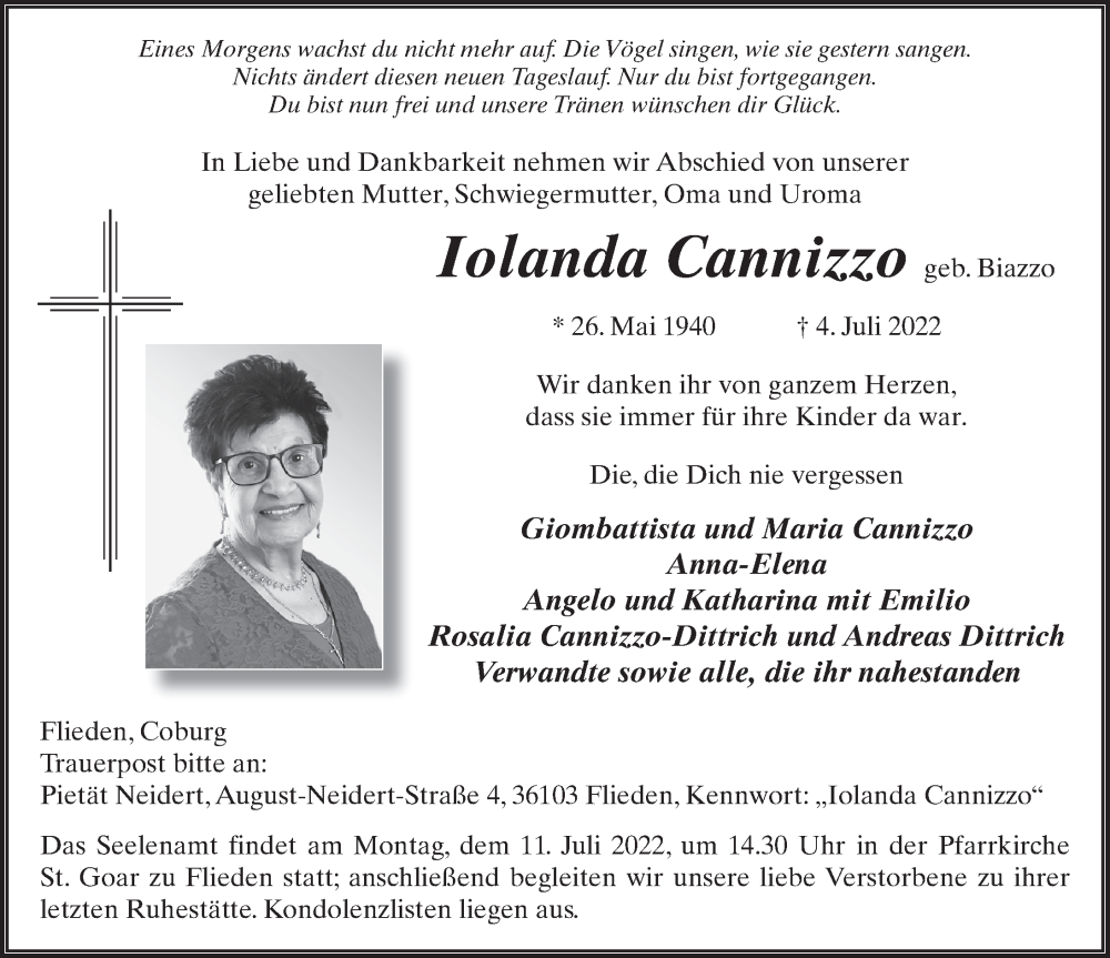  Traueranzeige für Iolanda Cannizzo vom 07.07.2022 aus FZ