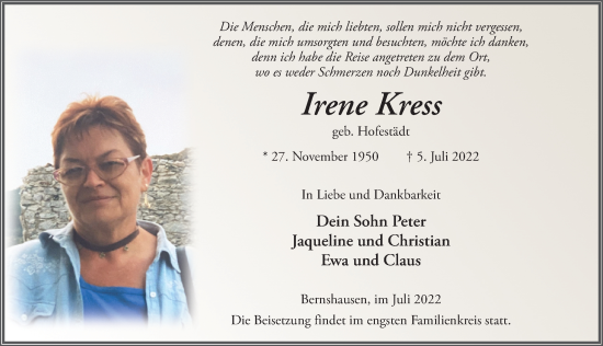 Traueranzeige von Irene Kress von FZ