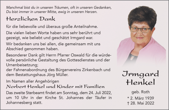 Traueranzeige von Irmgard Henkel von FZ