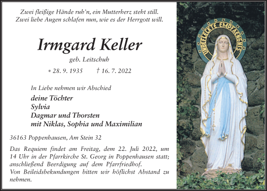 Traueranzeige von Irmgard Keller von FZ