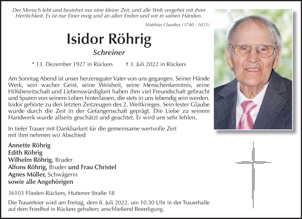  Traueranzeige für Isidor Röhrig vom 06.07.2022 aus FZ