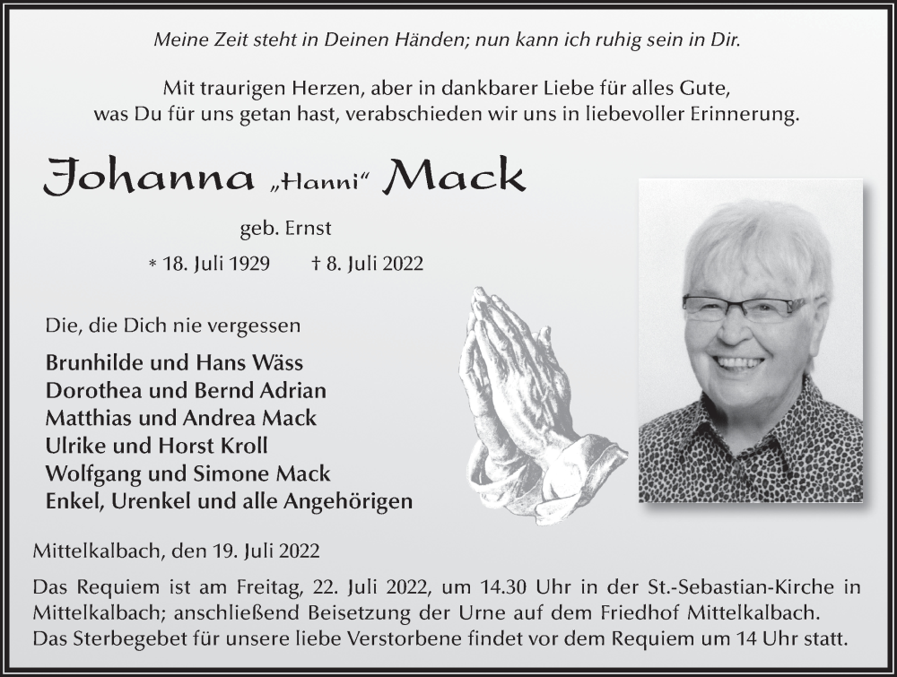  Traueranzeige für Johanna Mack vom 19.07.2022 aus FZ