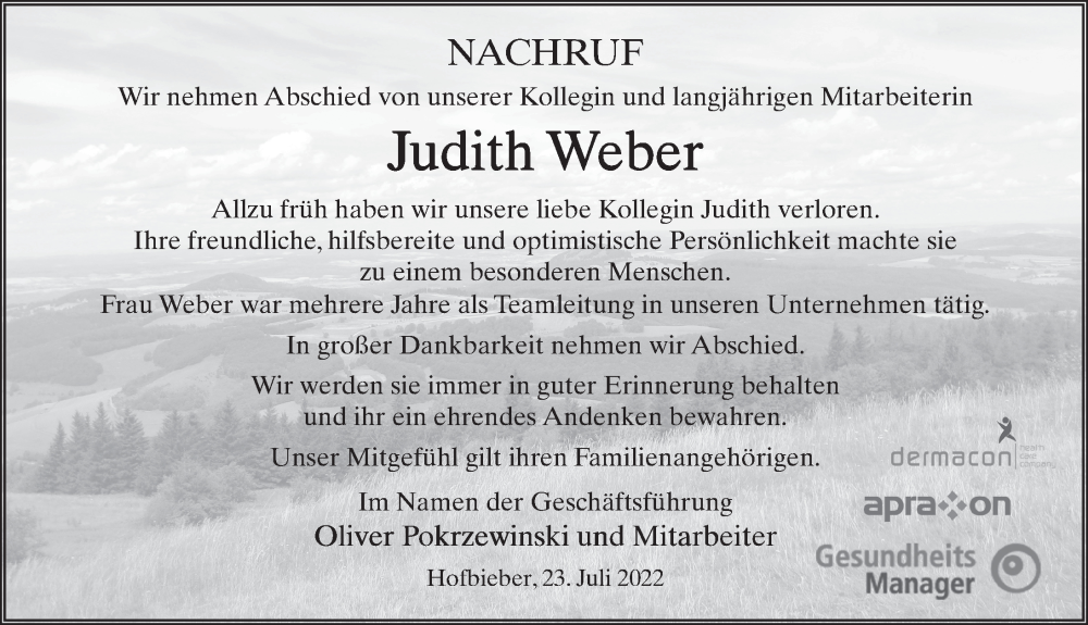  Traueranzeige für Judith Rebecca Weber vom 23.07.2022 aus FZ