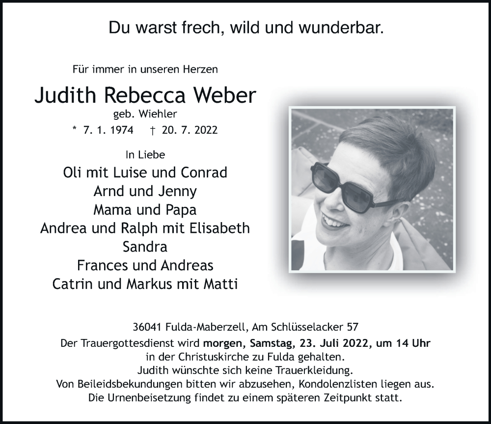  Traueranzeige für Judith Rebecca Weber vom 22.07.2022 aus FZ