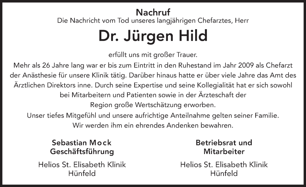  Traueranzeige für Jürgen Hild vom 14.07.2022 aus FZ