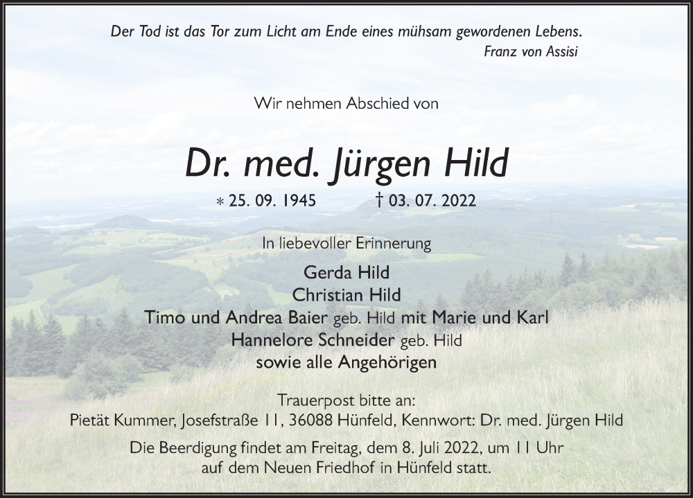  Traueranzeige für Jürgen Hild vom 06.07.2022 aus FZ