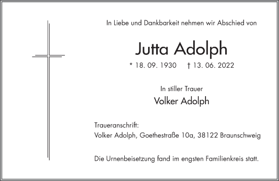 Traueranzeige von Jutta Adolph von FZ