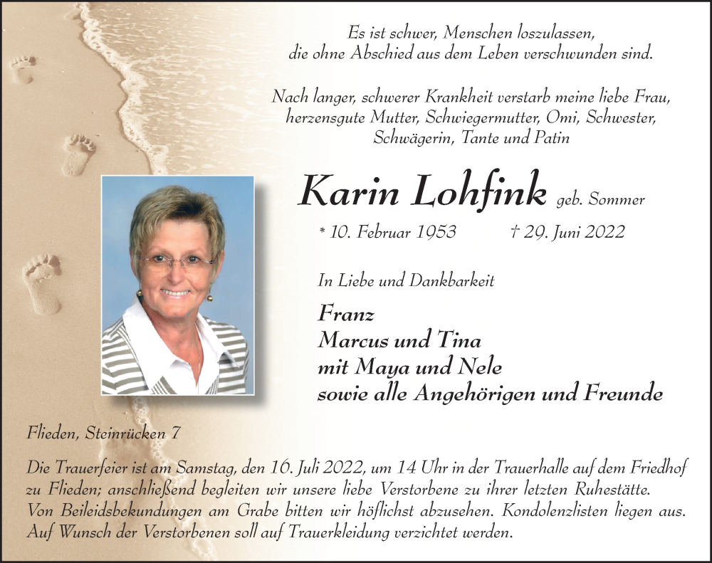  Traueranzeige für Karin Lohfink vom 11.07.2022 aus FZ