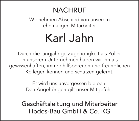 Traueranzeige von Karl Jahn von FZ