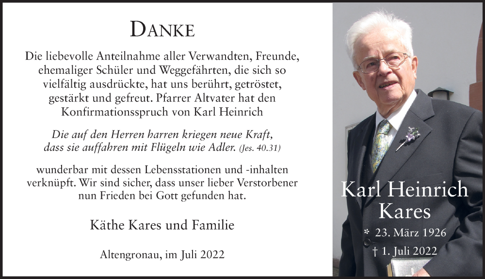  Traueranzeige für Karl Heinrich Kares vom 30.07.2022 aus FZ