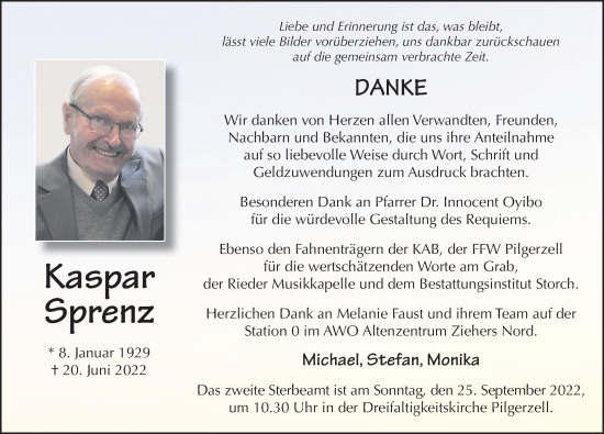 Traueranzeige von Kaspar Sprenz von FZ