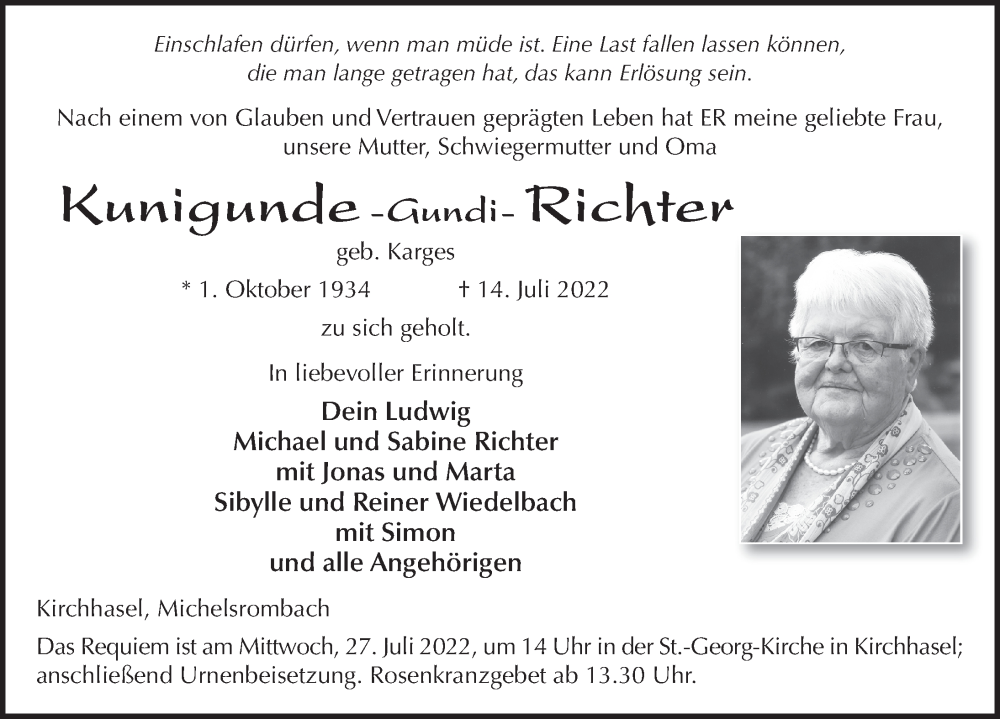  Traueranzeige für Kunigunde Richter vom 22.07.2022 aus FZ
