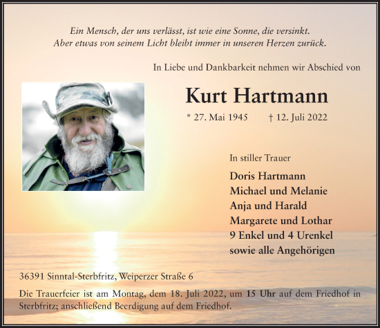 Traueranzeige von Kurt Hartmann von FZ