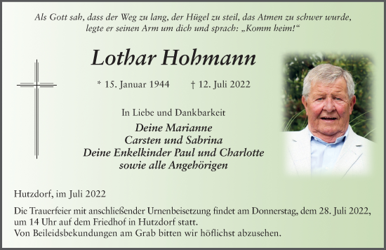 Traueranzeige von Lothar Hohmann von FZ