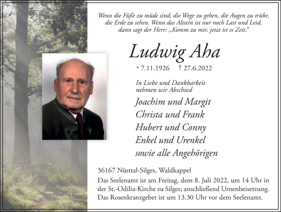 Traueranzeige von Ludwig Aha von FZ