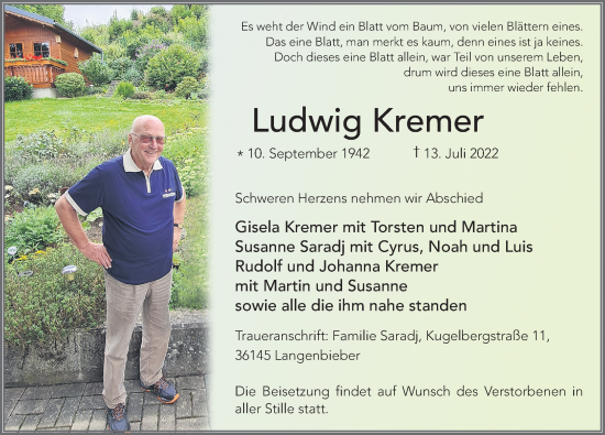 Traueranzeige von Ludwig Kremer von FZ