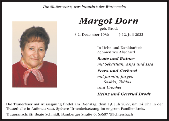 Traueranzeige von Margot Dorn von FZ