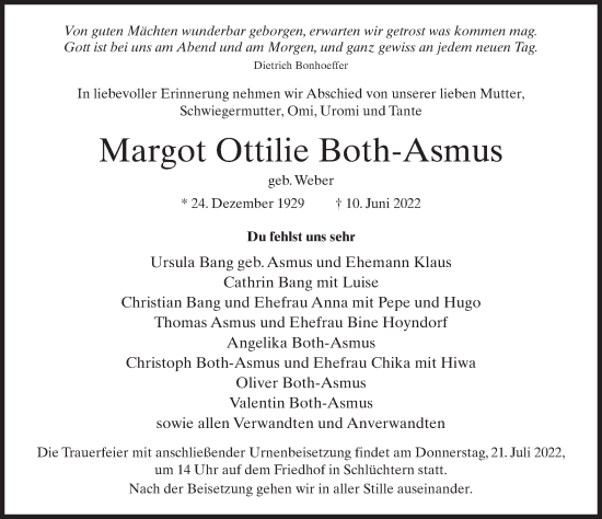 Traueranzeige von Margot Ottilie Both-Asmus von FZ