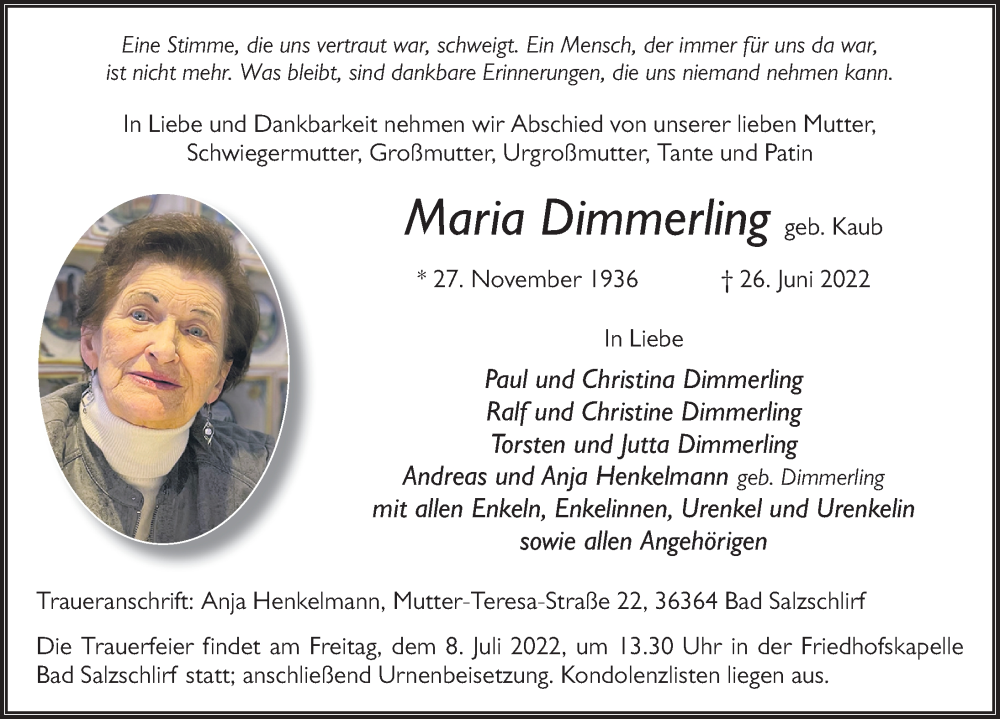  Traueranzeige für Maria Dimmerling vom 02.07.2022 aus FZ