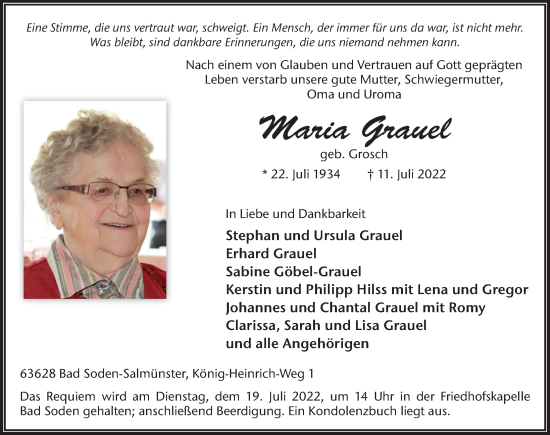 Traueranzeige von Maria Grauel von FZ