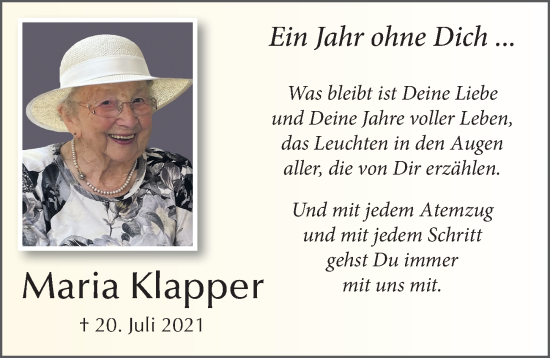 Traueranzeige von Maria Klapper von FZ