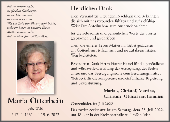 Traueranzeige von Maria Otterbein von FZ