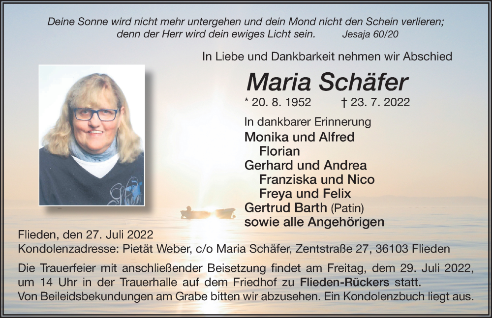  Traueranzeige für Maria Schäfer vom 27.07.2022 aus FZ
