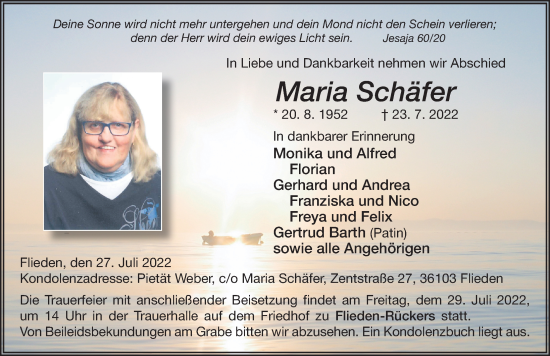 Traueranzeige von Maria Schäfer von FZ