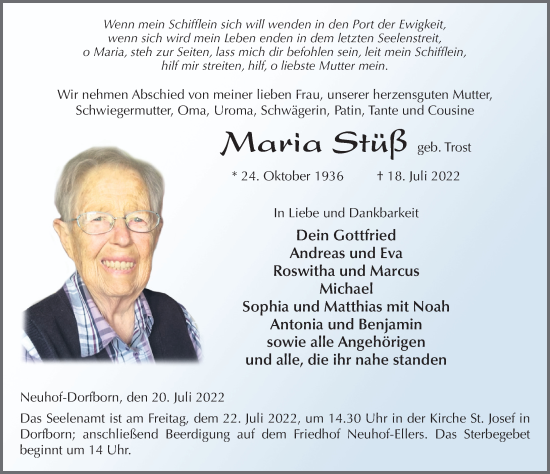 Traueranzeige von Maria Stüß von FZ