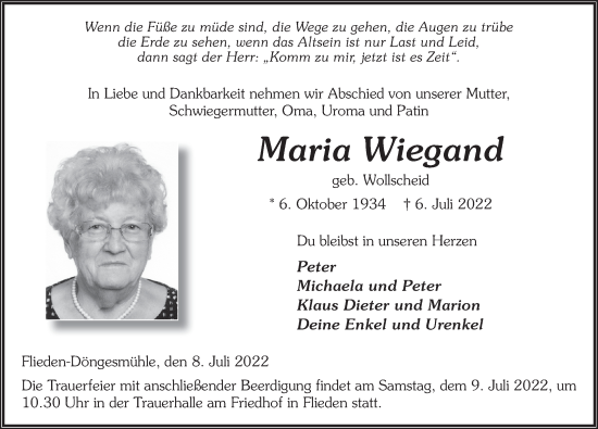Traueranzeige von Maria Wiegand von FZ
