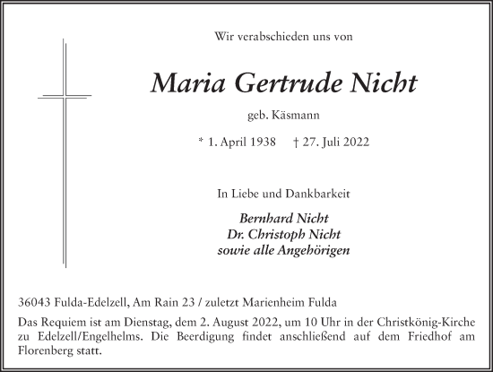 Traueranzeige von Maria Gertrud Nicht von FZ