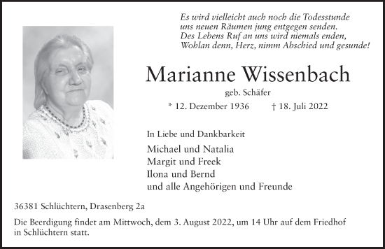 Traueranzeige von Marianne Wissenbach von FZ