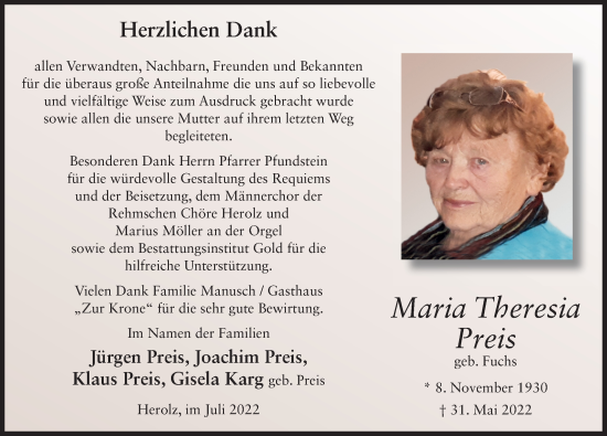 Traueranzeige von Maria Theresia Preis von FZ